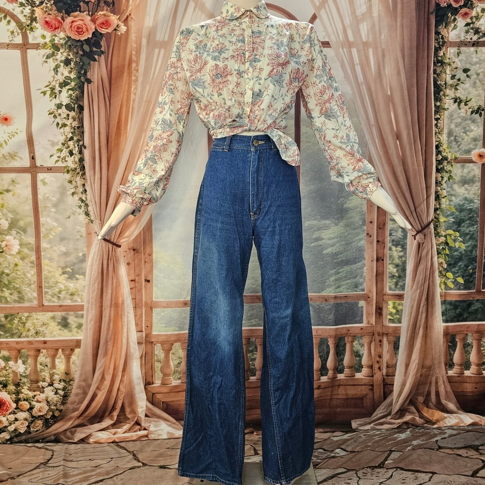 Vintage 1960's Floral Button Down Blouse Orange Label Long Sleeve Top
Cream Blue - Picture 6 of 12